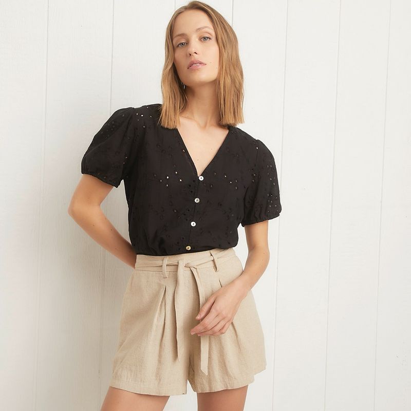UNIVERSITY CLUB - Blusa Mujer con Ojalillo Manga corta globo de Algodón University Club