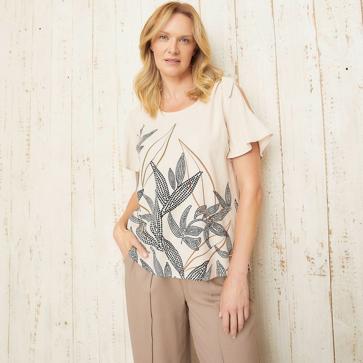 SOUTHLAND - Blusa Mujer con Estampado Manga corta de Lino Southland