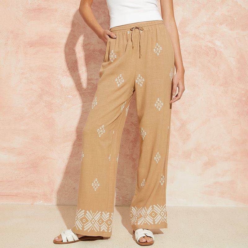 BASEMENT - Pantalón Wide Leg Mujer Tiro alto con Bordado Basement