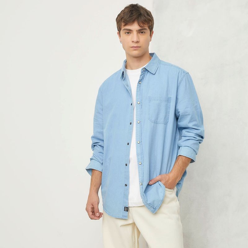 BEARCLIFF - Camisa Hombre Denim Manga larga Recto de Algodón Bearcliff