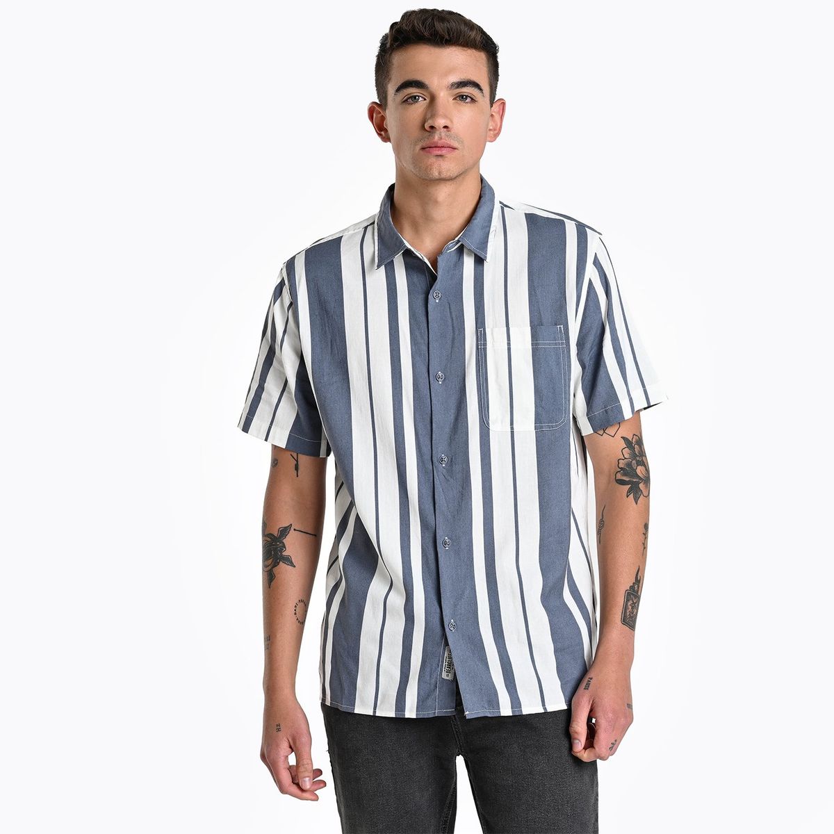 BEARCLIFF - Camisa Hombre de Rayas Manga corta de Algodón Bearcliff