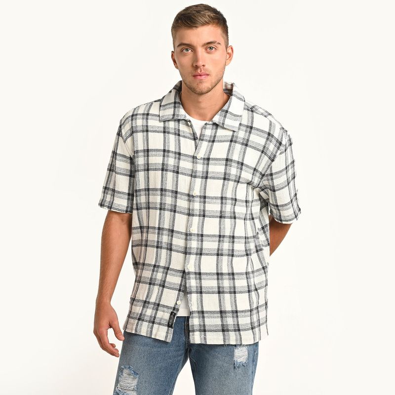 BEARCLIFF - Camisa Hombre de Cuadros Manga corta Recto de Algodón Bearcliff