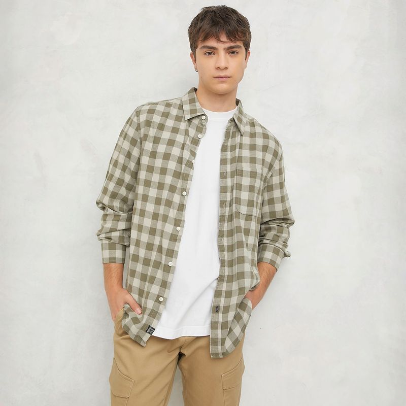 BEARCLIFF - Camisa Hombre de Cuadros Manga larga Recto de Algodón Bearcliff