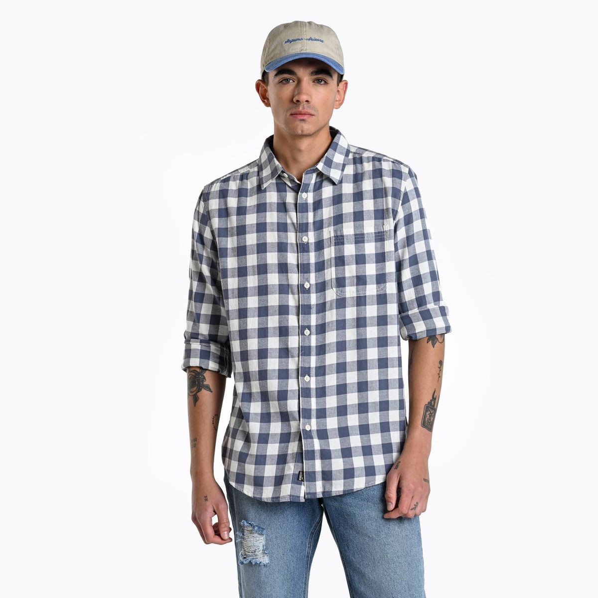 BEARCLIFF - Camisa Hombre de Cuadros Manga larga Recto de Algodón Bearcliff