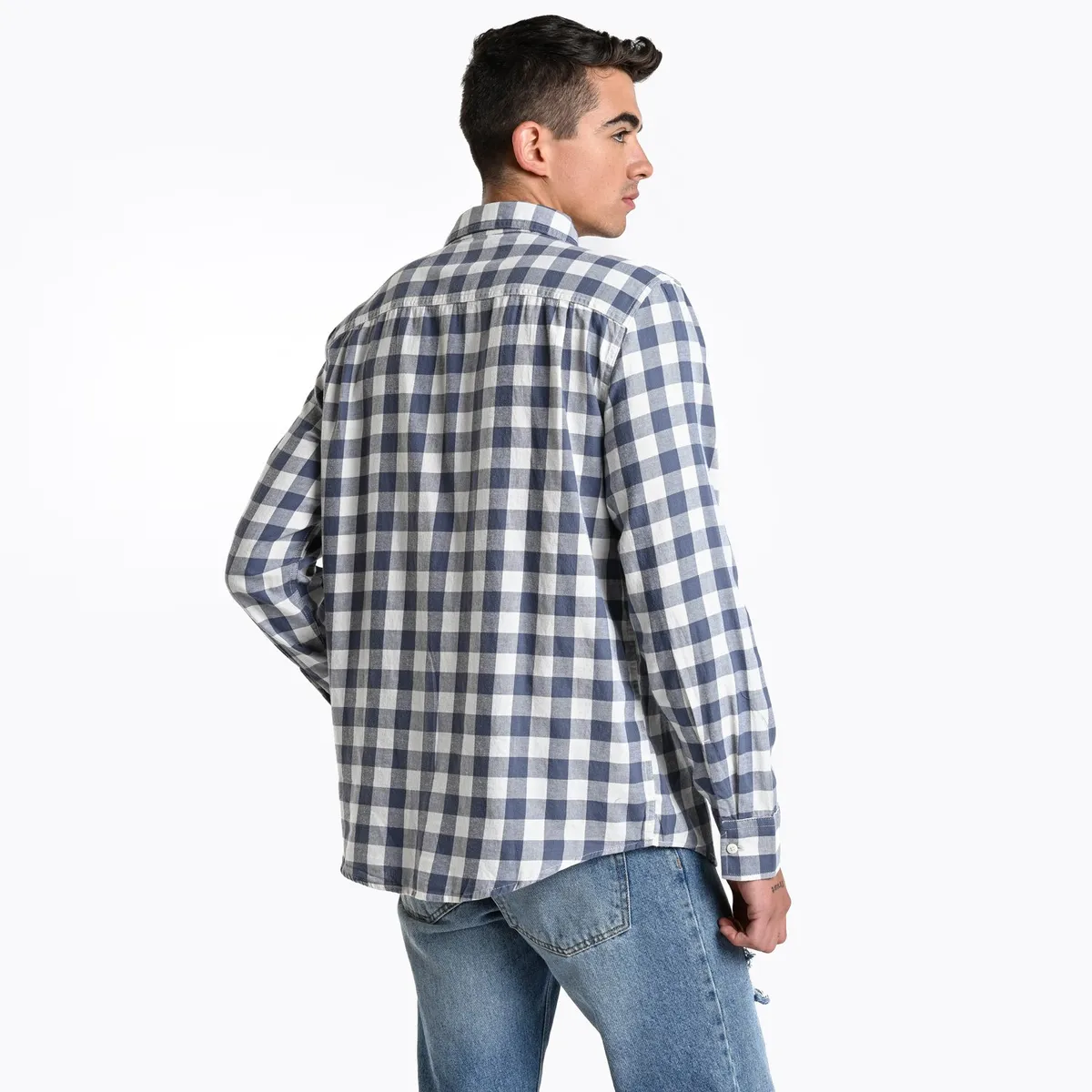 BEARCLIFF - Camisa Hombre de Cuadros Manga larga Recto de Algodón Bearcliff