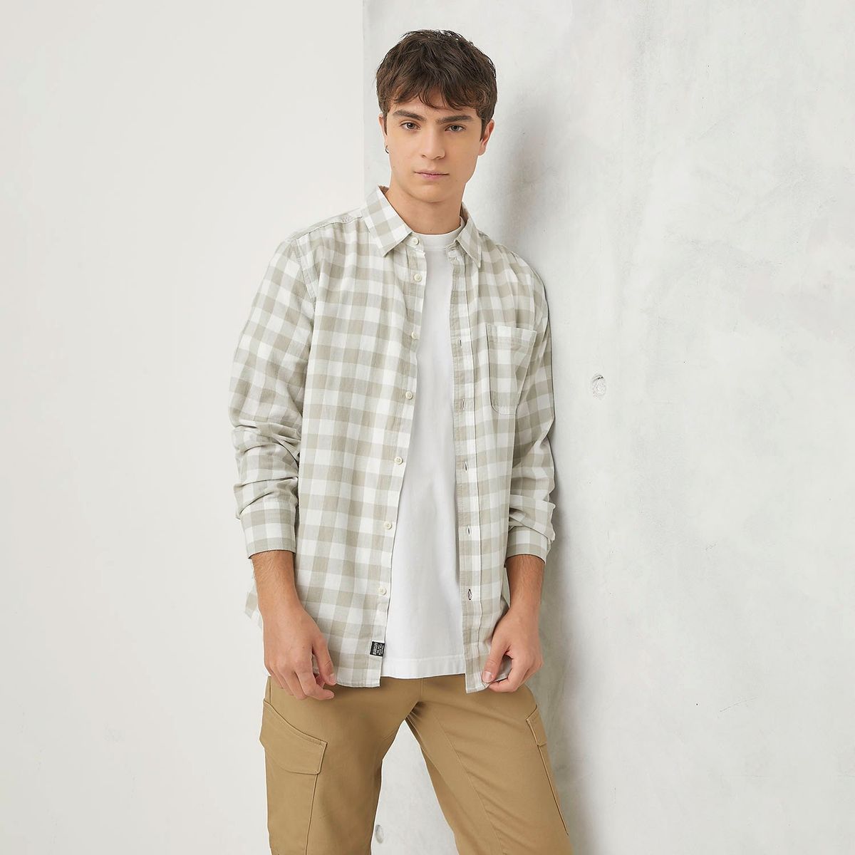 BEARCLIFF - Camisa Hombre de Cuadros Manga larga Recto de Algodón Bearcliff