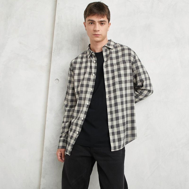 BEARCLIFF - Camisa Hombre de Cuadros Manga larga Recto de Algodón Bearcliff