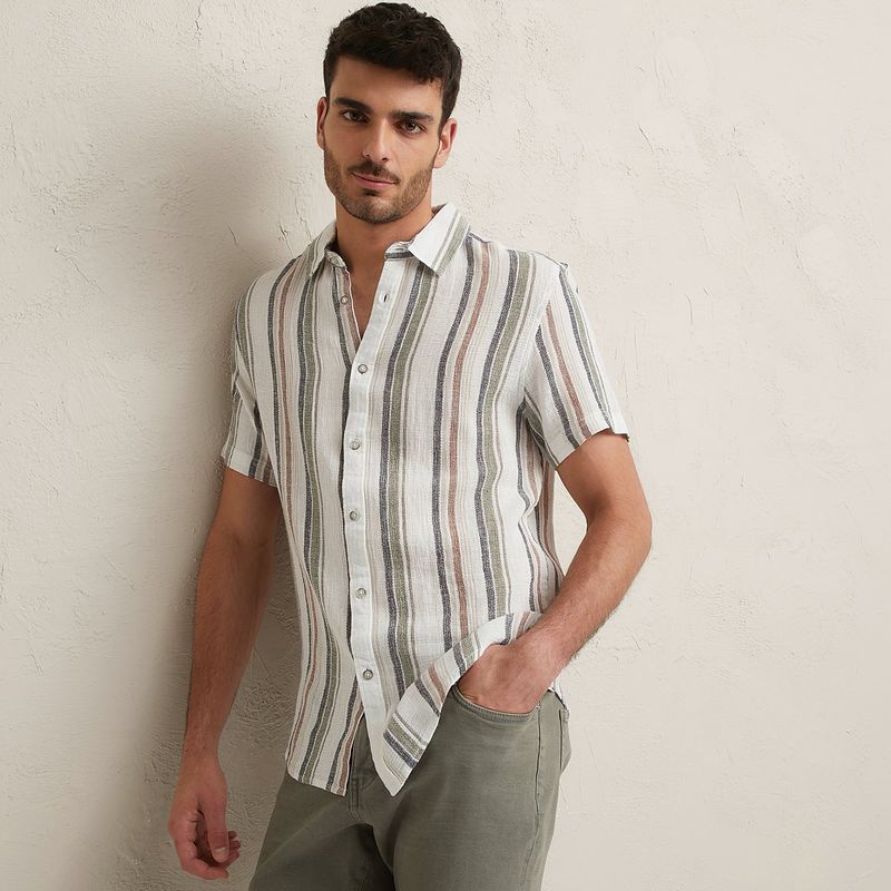 BASEMENT - Camisa Hombre de Rayas Manga corta Slim de Lino Basement