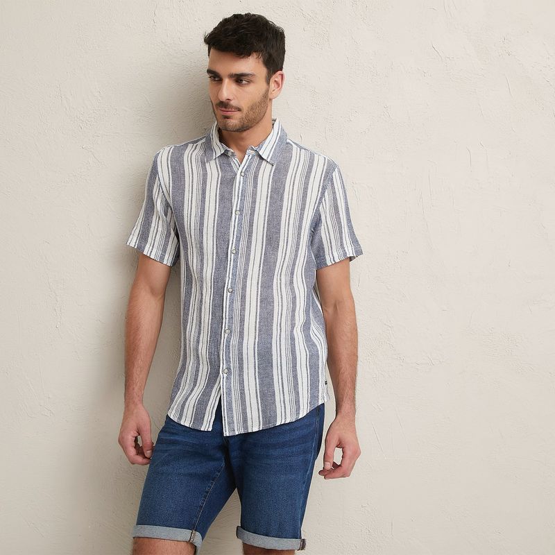 BASEMENT - Camisa Hombre de Rayas Manga corta Slim de Lino Basement
