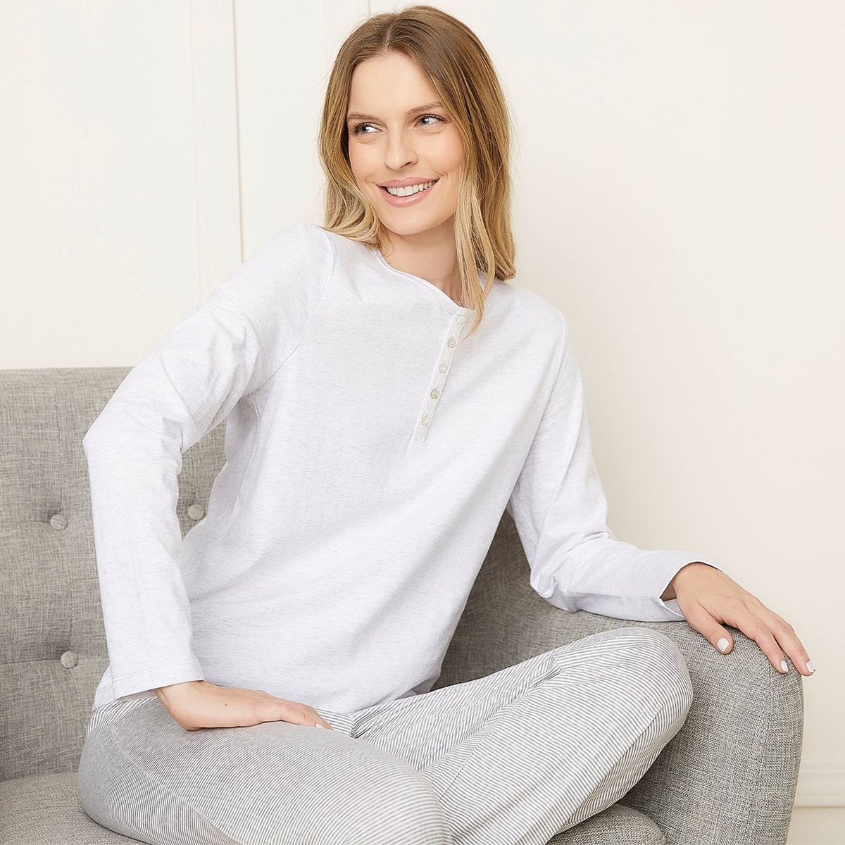 BLU - Camiseta de pijama Mujer Manga larga de Algodón Blu