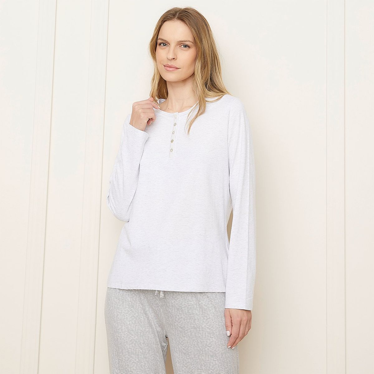 BLU - Camiseta de pijama Mujer Manga larga de Algodón Blu