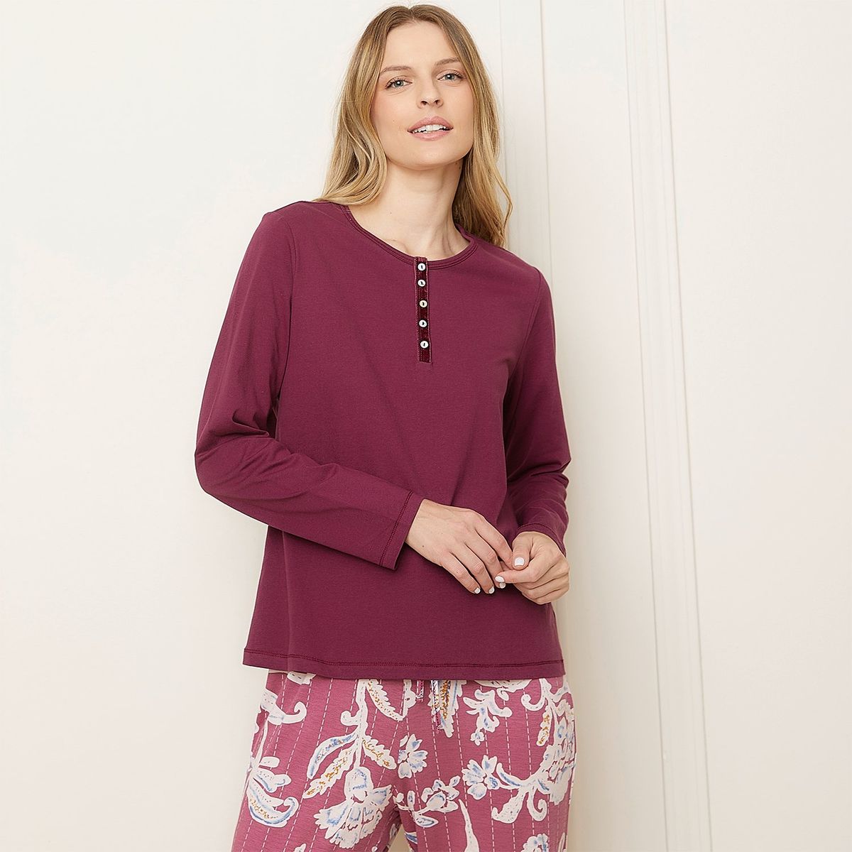 BLU - Camiseta de pijama Mujer Manga larga de Algodón Blu