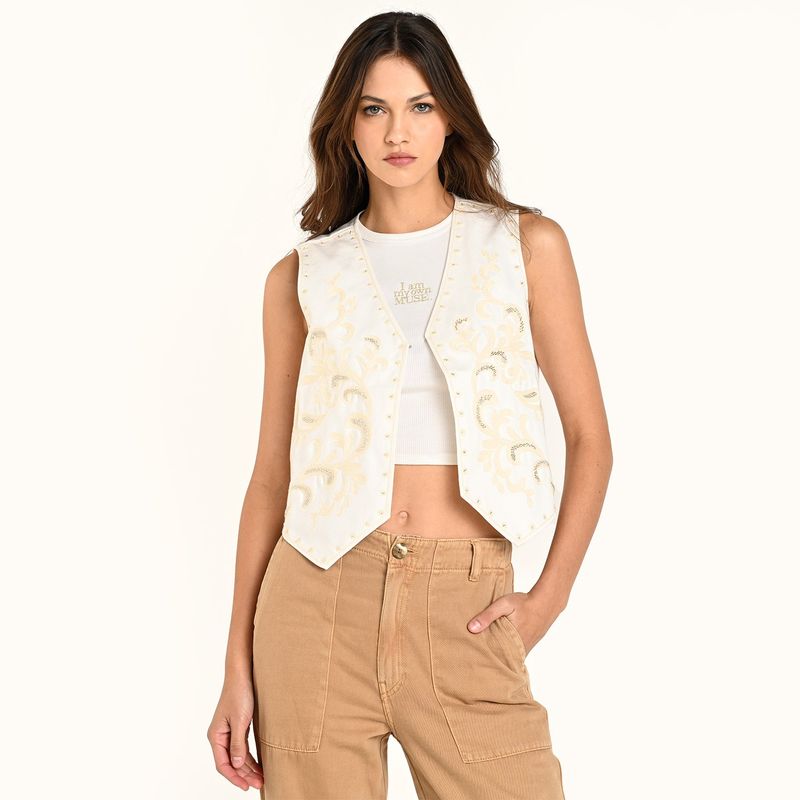 DENIMLAB - Chaleco Mujer Bordado Crop de Algodón Denimlab