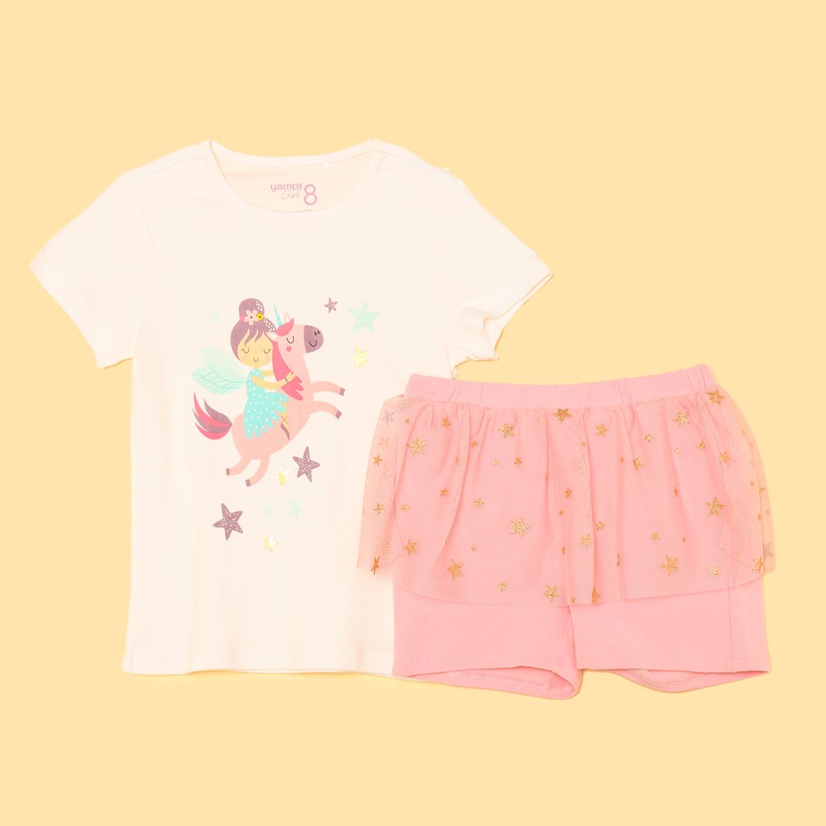 YAMP - Pijama para Niña 2 piezas Cintura elásticada Manga corta de Algodón Yamp