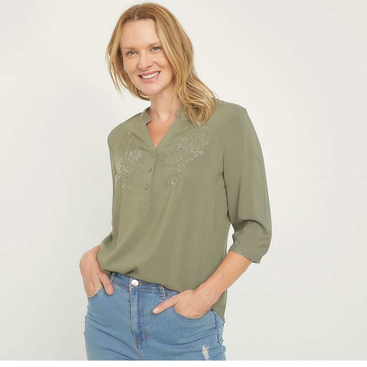 NEWPORT - Blusa Mujer con Bordado Manga 3/4 Newport