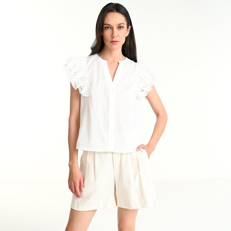 BASEMENT - Camisa Mujer con Ojalillo Manga corta de Algodón Basement