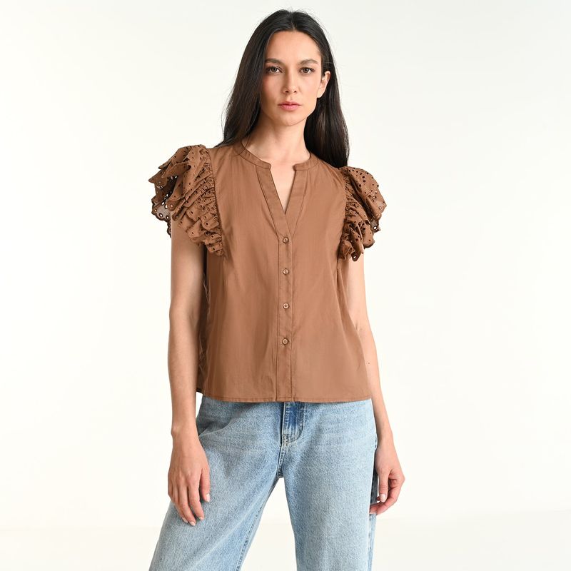 BASEMENT - Camisa Mujer con Ojalillo Manga corta de Algodón Basement