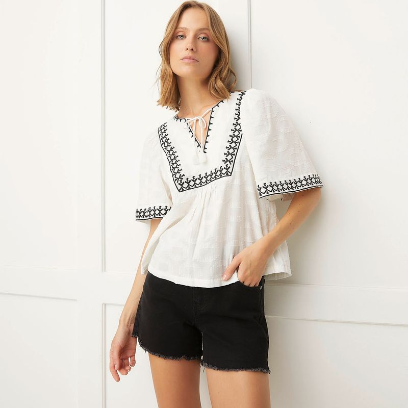 BASEMENT - Blusa Mujer con Bordado Manga corta globo de Algodón Basement