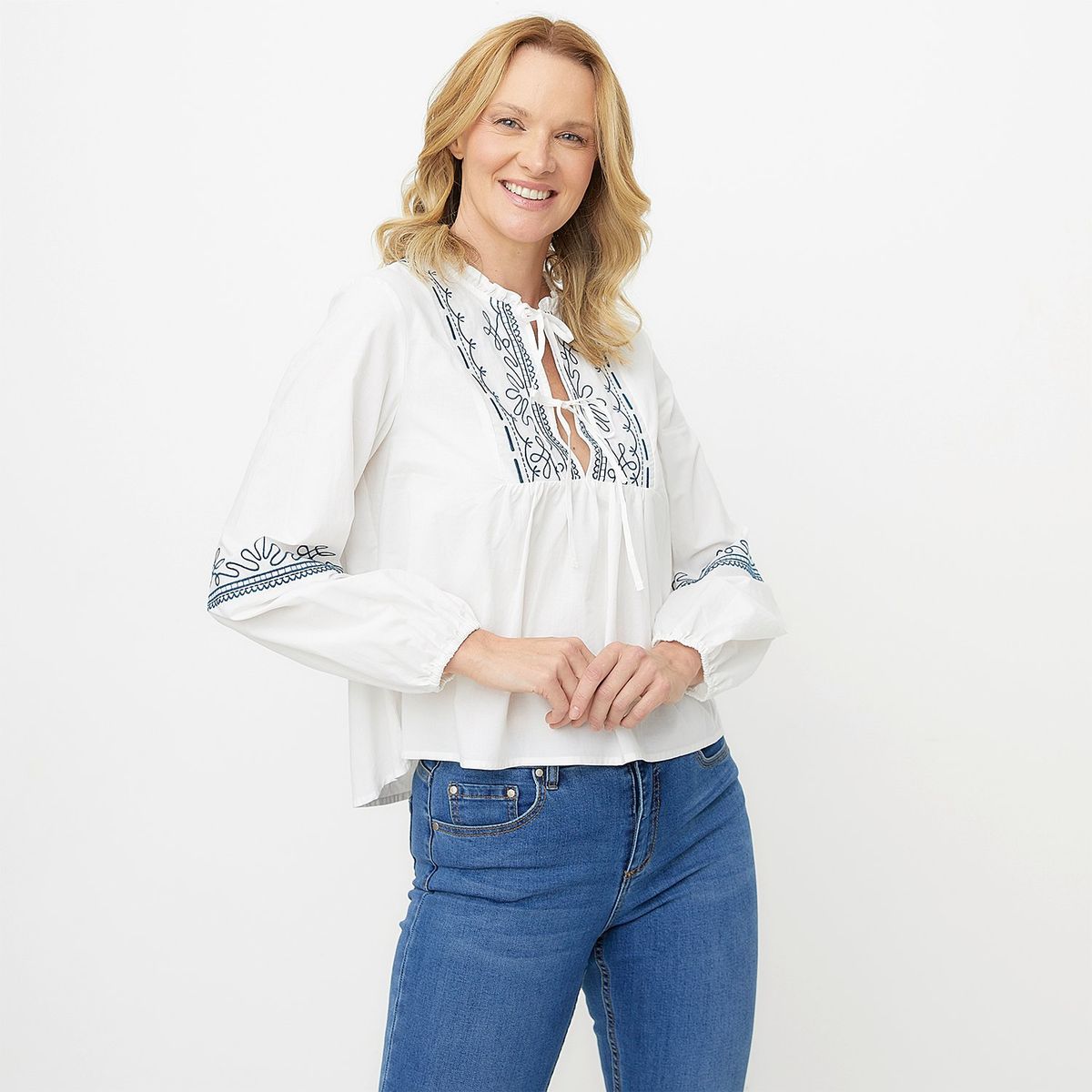 NEWPORT - Blusa Mujer con Bordado Manga larga globo de Algodón Newport