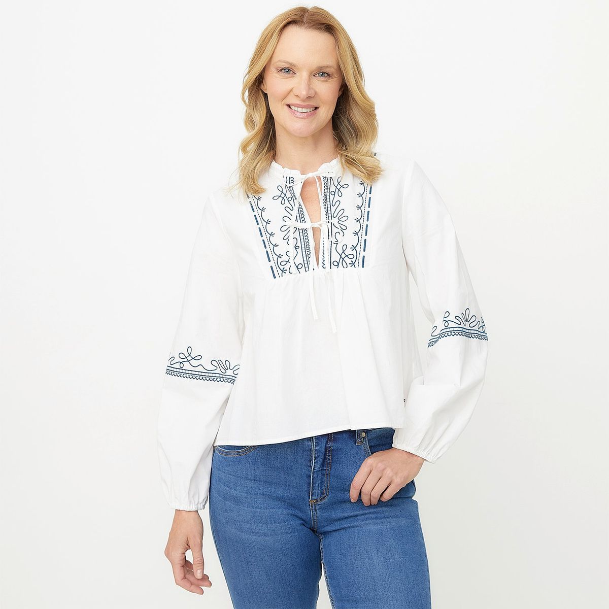 NEWPORT - Blusa Mujer con Bordado Manga larga globo de Algodón Newport