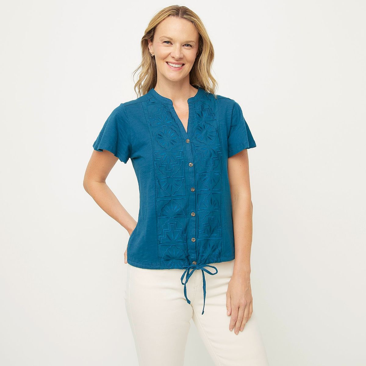 NEWPORT - Blusa Mujer con Bordado Manga corta de Algodón Newport