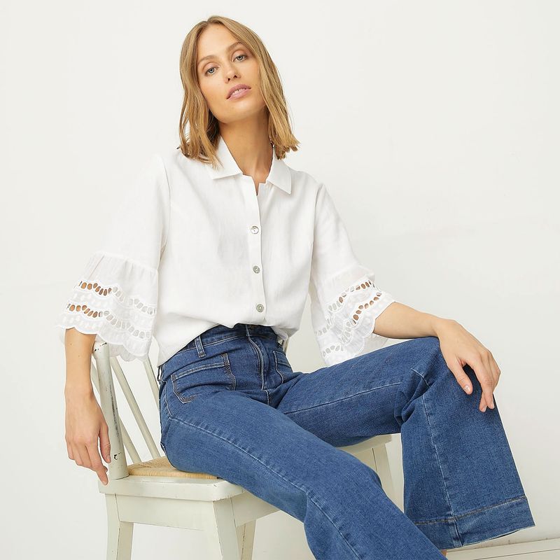 UNIVERSITY CLUB - Blusa Mujer con Ojalillo Manga 3/4 de Lino University Club