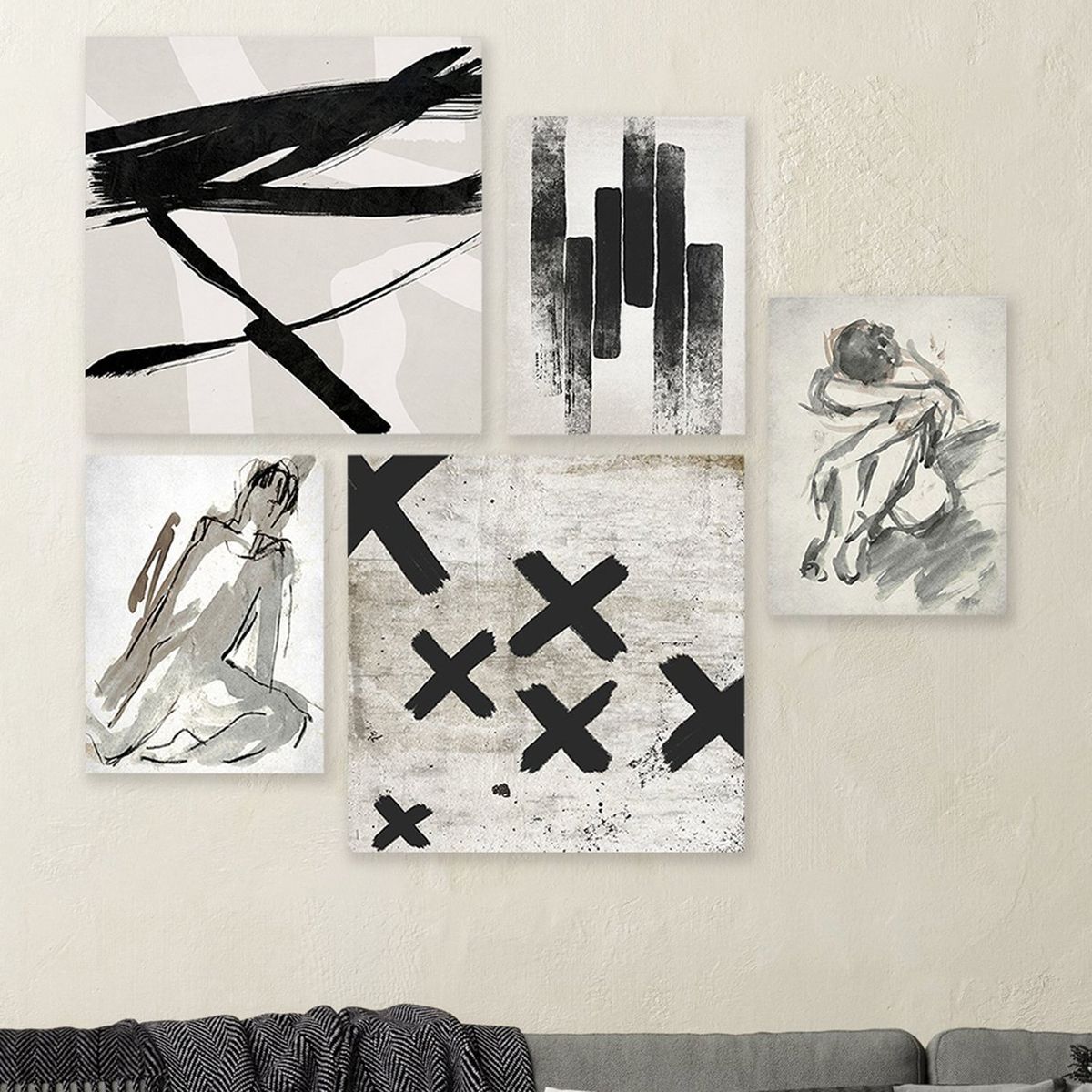 MICA - Cuadro Decorativo Abstracto Set x5 Mix Negro 25x25 cm