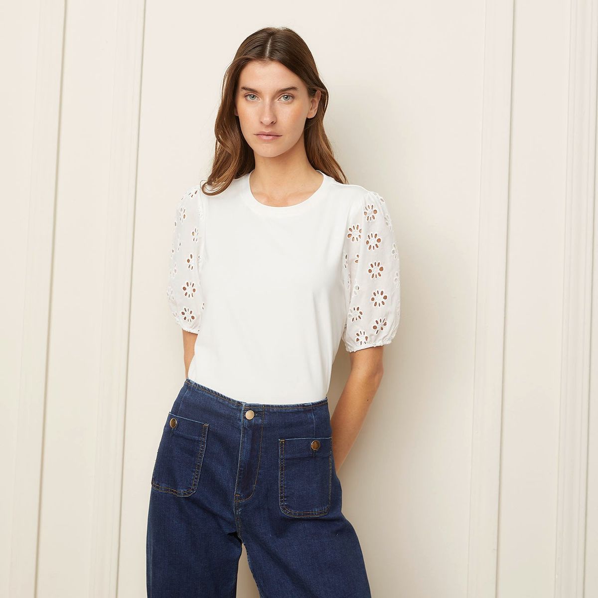 BASEMENT - Blusa Mujer con Bordado Manga corta globo de Algodón Basement