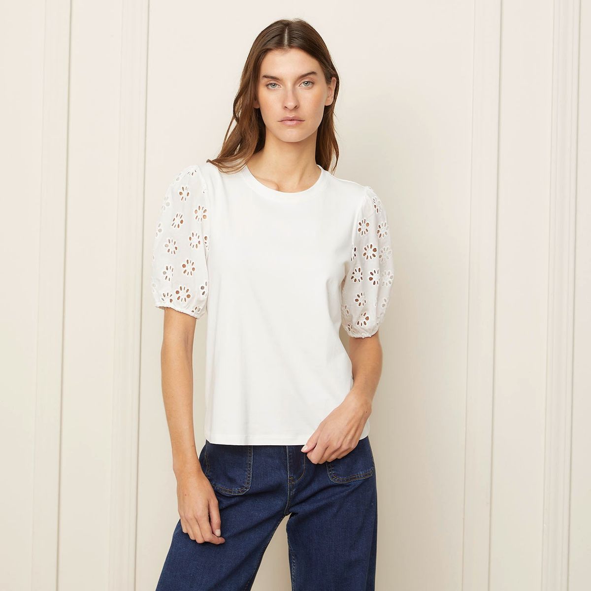 BASEMENT - Blusa Mujer con Bordado Manga corta globo de Algodón Basement