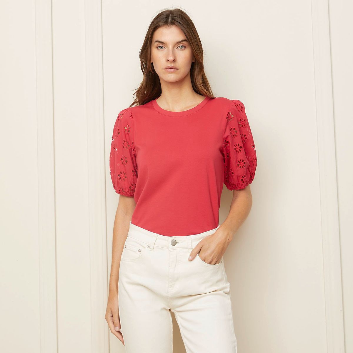 BASEMENT - Blusa Mujer con Bordado Manga corta globo de Algodón Basement