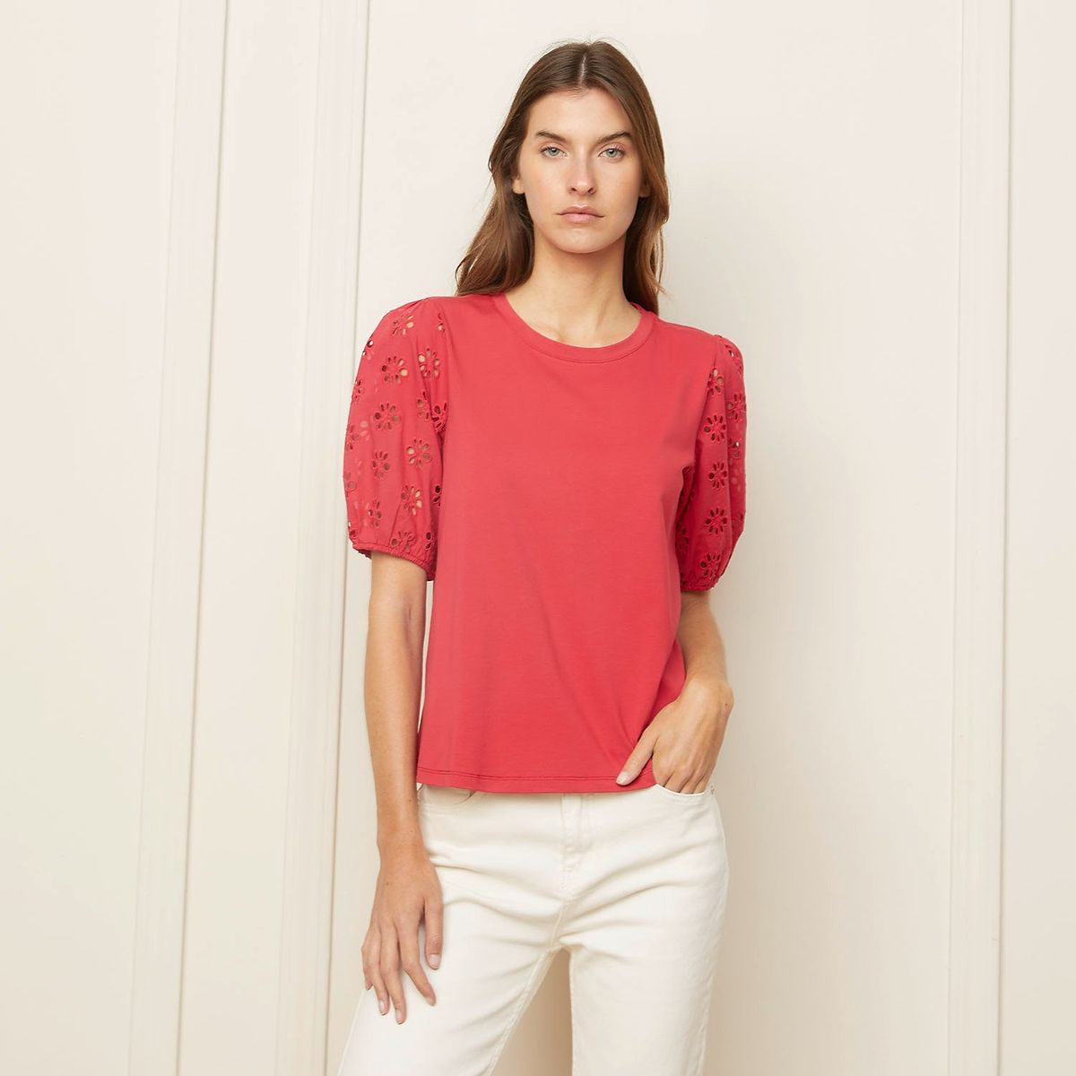 BASEMENT - Blusa Mujer con Bordado Manga corta globo de Algodón Basement