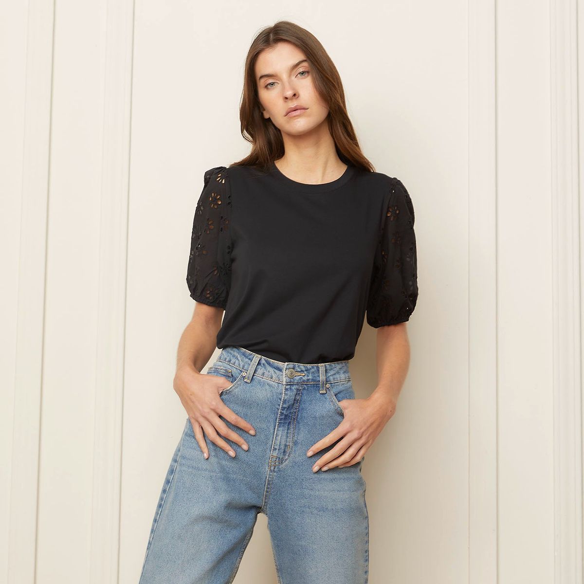 BASEMENT - Blusa Mujer con Bordado Manga corta globo de Algodón Basement