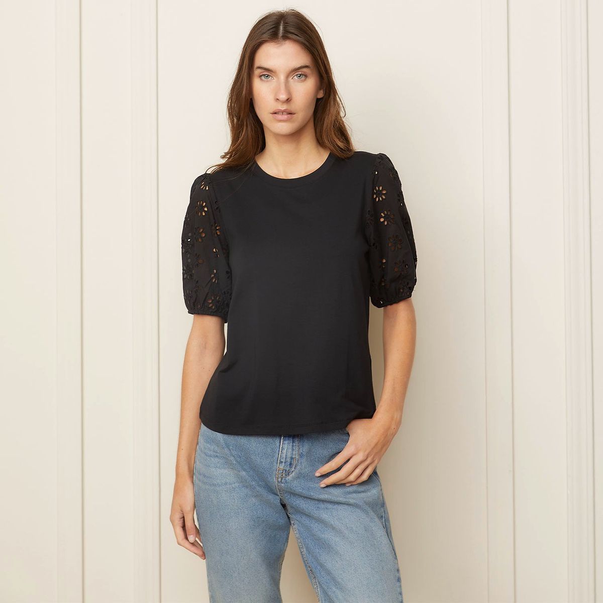 BASEMENT - Blusa Mujer con Bordado Manga corta globo de Algodón Basement