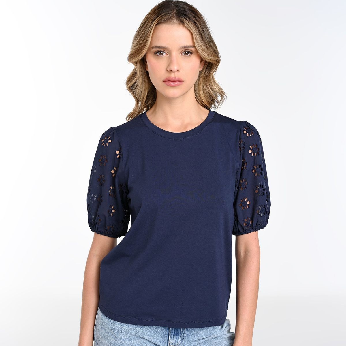 BASEMENT - Blusa Mujer con Bordado Manga corta globo de Algodón Basement
