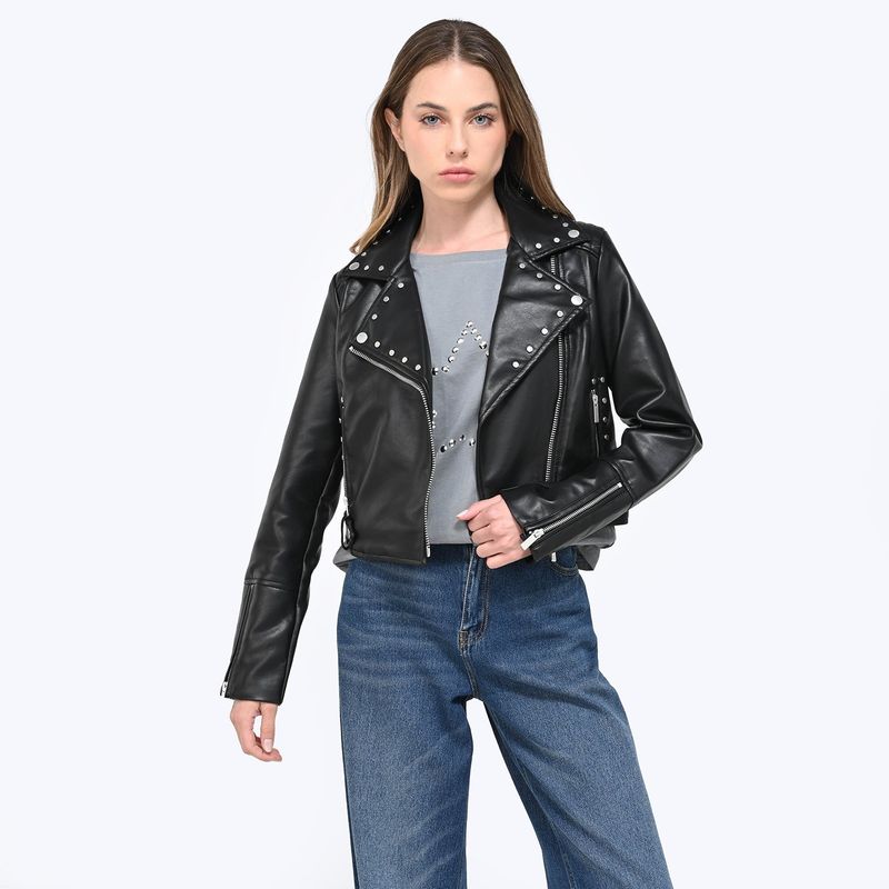 DENIMLAB - Chaqueta Efecto cuero Mujer con Taches Crop Denimlab