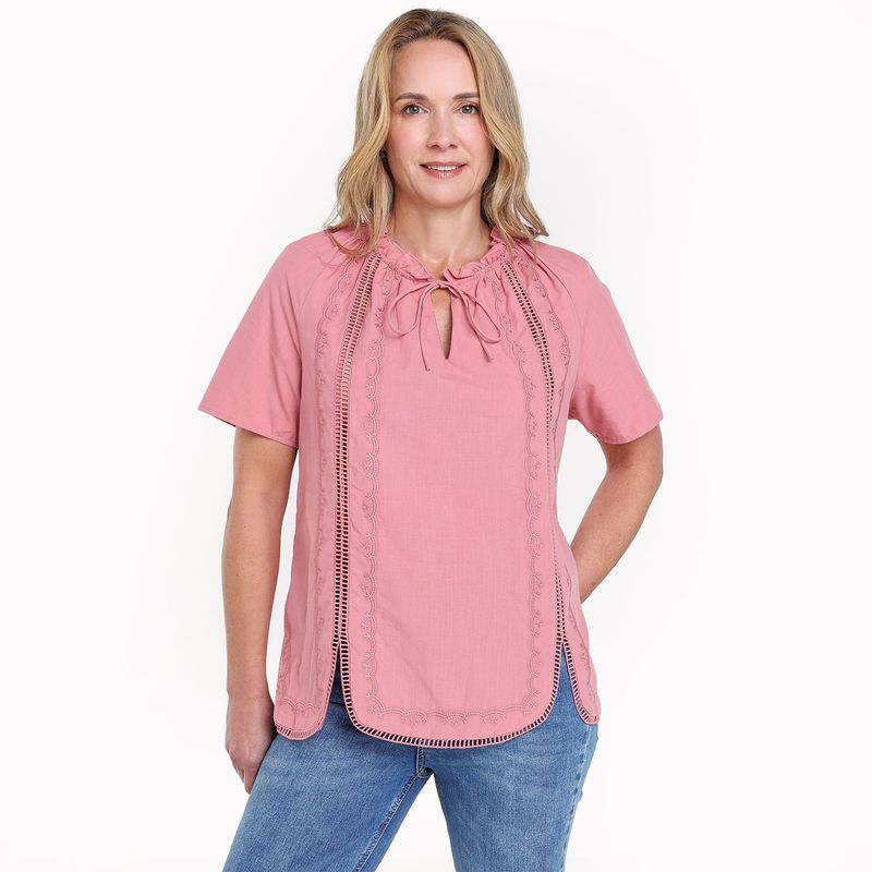 NEWPORT - Blusa Mujer Con Bordado Manga corta globo Newport
