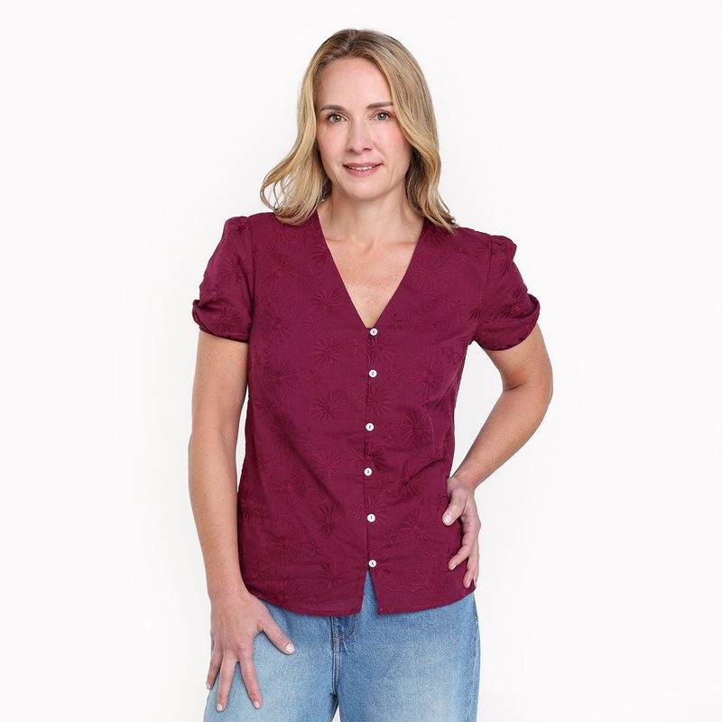 NEWPORT - Blusa Mujer con Bordado Manga corta globo de Algodón Newport