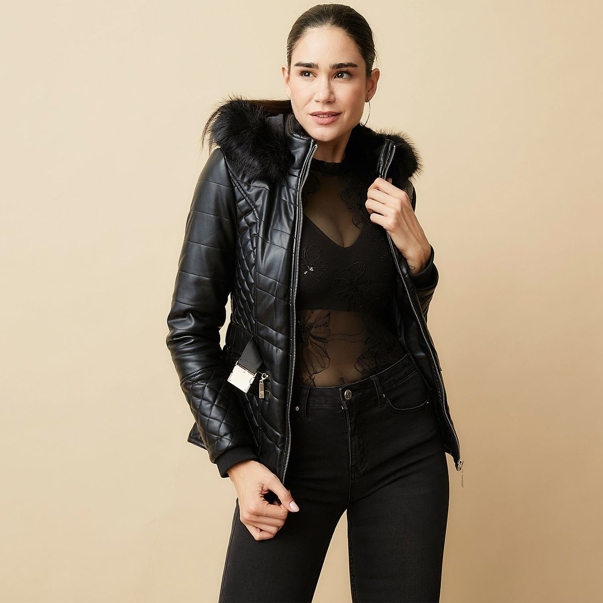 MOSSIMO - Chaqueta Mujer Efecto cuero Con Capota Mossimo