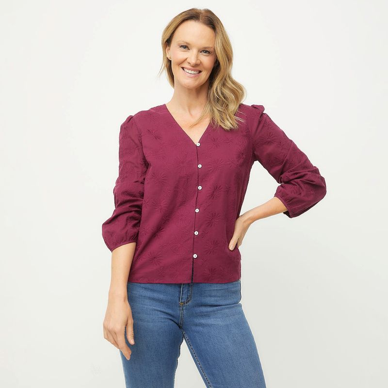 NEWPORT - Blusa Mujer con Bordado Manga larga globo de Algodón Newport
