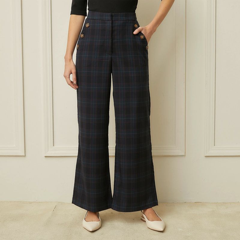 BASEMENT - Pantalón Wide Leg Mujer Tiro alto de Cuadros Basement