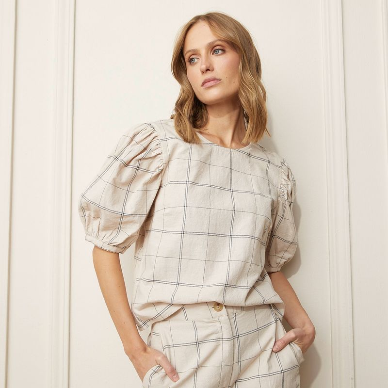 BASEMENT - Blusa Mujer de Cuadros Manga corta globo Basement
