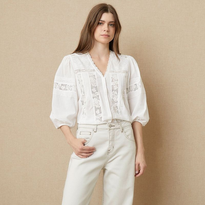 UNIVERSITY CLUB - Blusa Mujer con Bordado Manga 3/4 de Algodón University Club