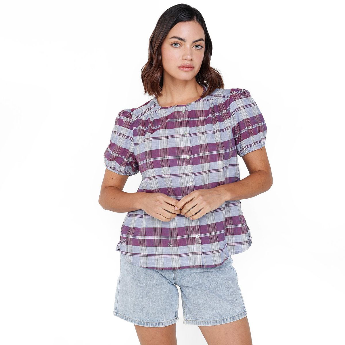 UNIVERSITY CLUB - Blusa Mujer de Cuadros Manga larga globo de Algodón University Club