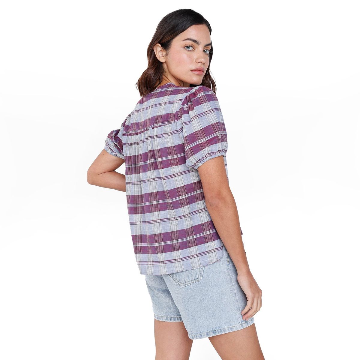 UNIVERSITY CLUB - Blusa Mujer de Cuadros Manga larga globo de Algodón University Club