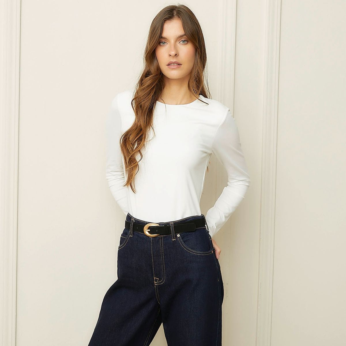BASEMENT - Camiseta para Mujer de Algodón Cuello redondo Manga larga Basement Slim fit