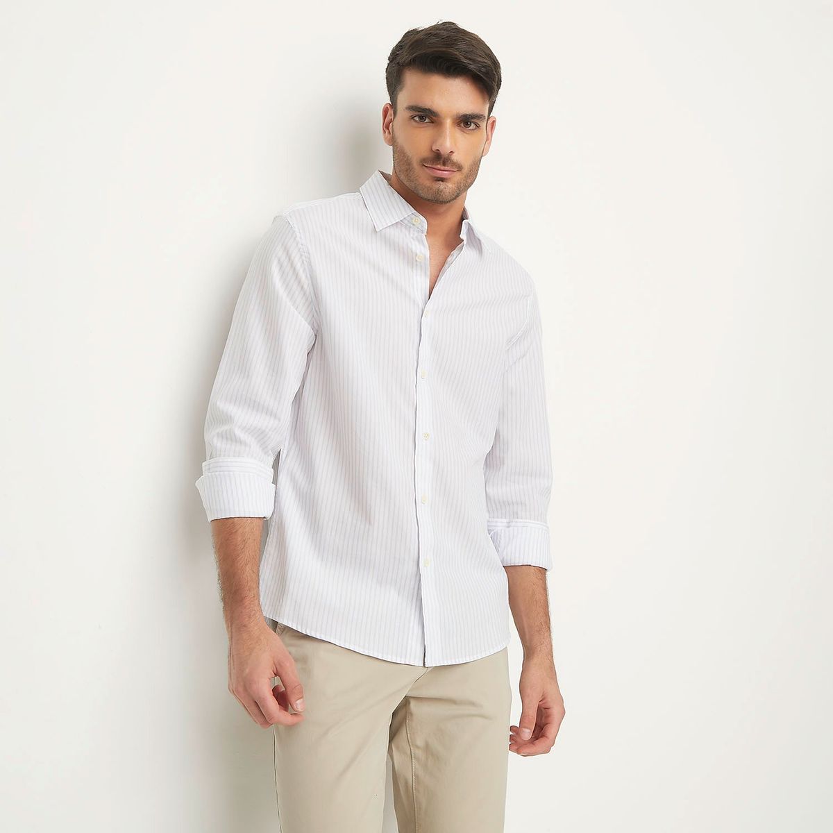 BASEMENT - Camisa Hombre Rayas Manga larga Recto de Algodón Basement