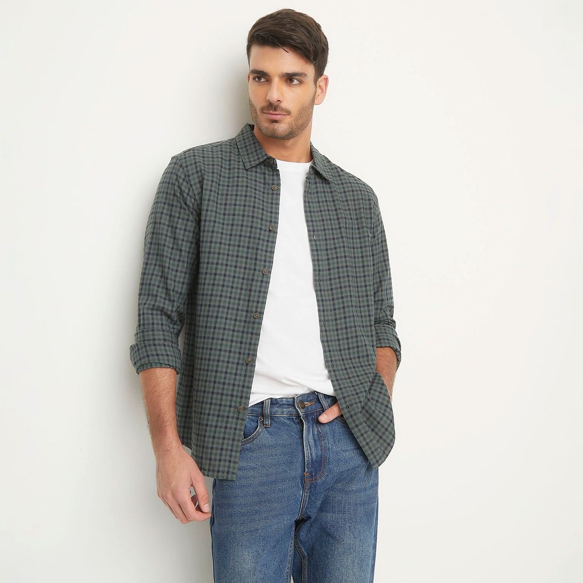 BASEMENT - Camisa Hombre Cuadros Manga larga Recto de Algodón Basement