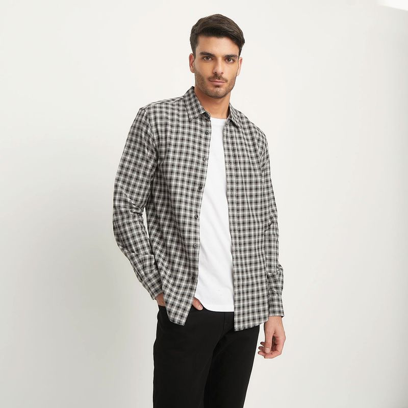 BASEMENT - Camisa Hombre Cuadros Manga larga Recto de Algodón Basement