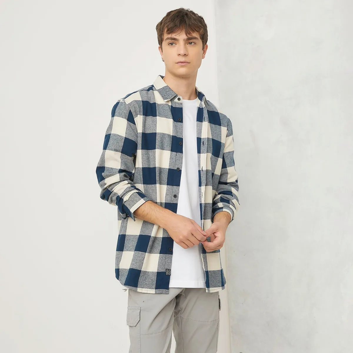 BEARCLIFF - Camisa Hombre de Cuadros Manga larga Recto de Algodón Bearcliff