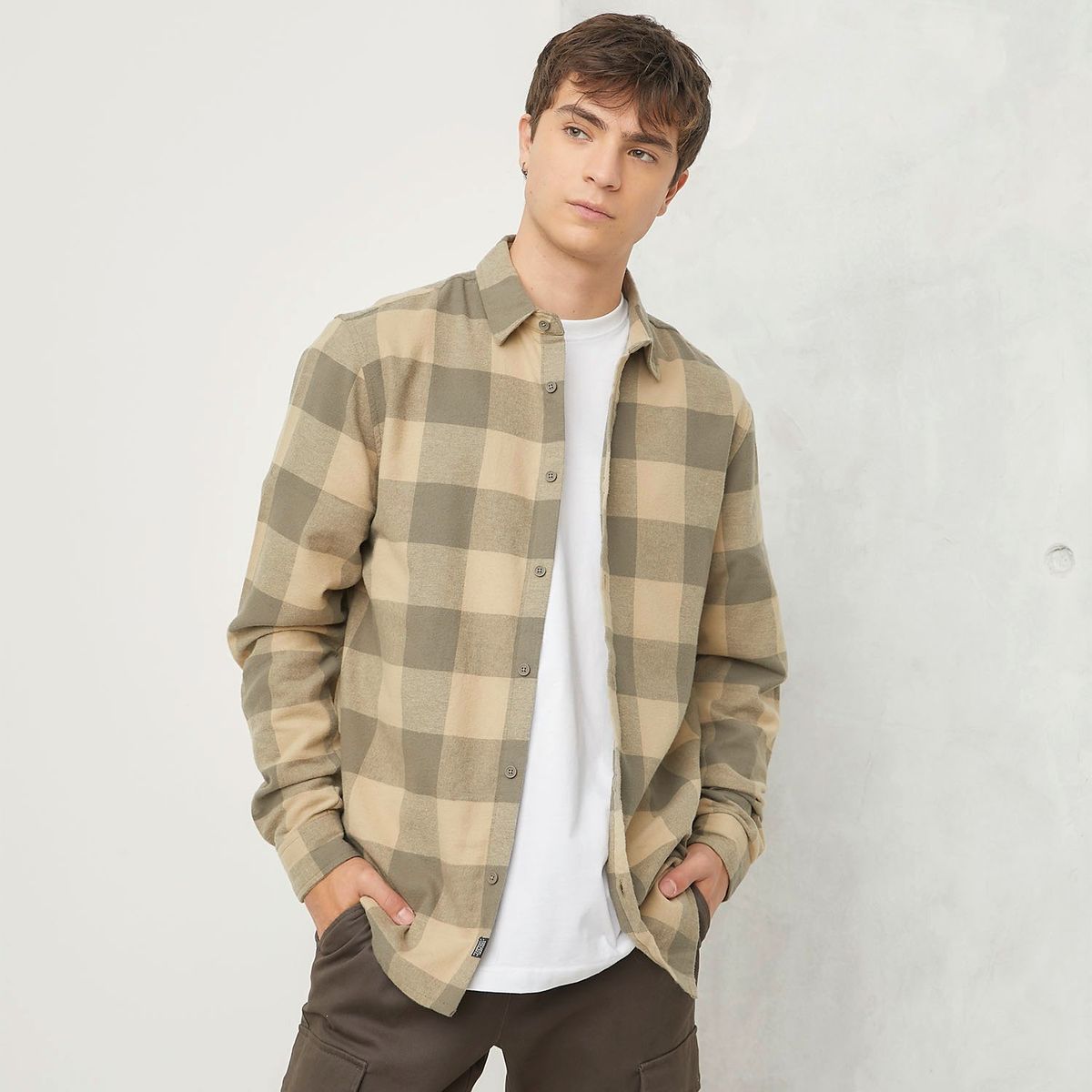 BEARCLIFF - Camisa Hombre de Cuadros Manga larga Recto de Algodón Bearcliff